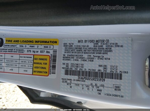 3FA6P0UU5JR235939 2018 FORD FUSION HYBRID White Շարժիչի բաժամունքի տեսք