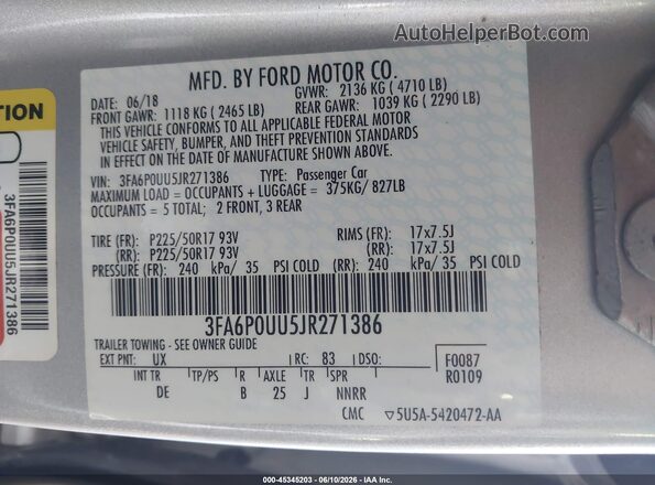 3FA6P0UU5JR271386 2018 FORD FUSION HYBRID Серебряный Вид подкапотного пространства
