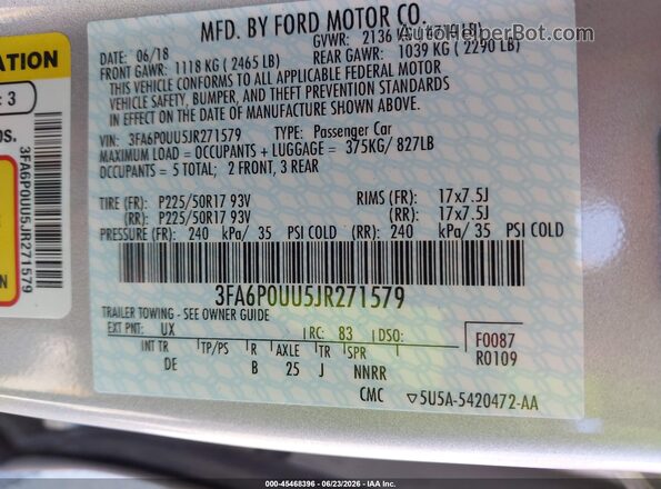 3FA6P0UU5JR271579 2018 FORD FUSION HYBRID Silver Շարժիչի բաժամունքի տեսք