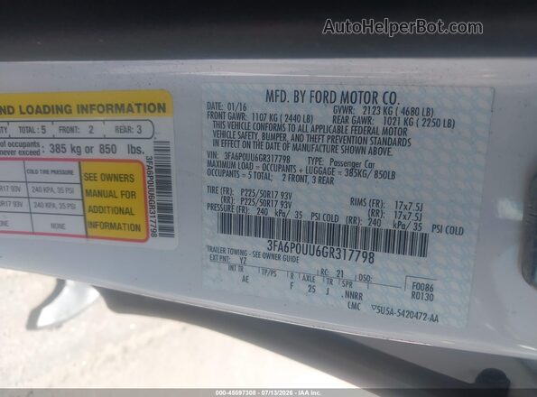 3FA6P0UU6GR317798 2016 FORD FUSION HYBRID White Engine compartment view