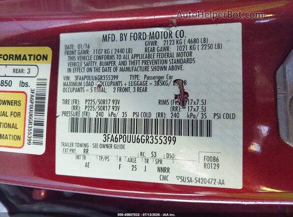3FA6P0UU6GR355399 2016 FORD FUSION HYBRID Red Widok komory silnika