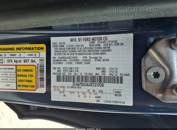 3FA6P0UU6JR235920 2018 FORD FUSION HYBRID Blue Շարժիչի բաժամունքի տեսք