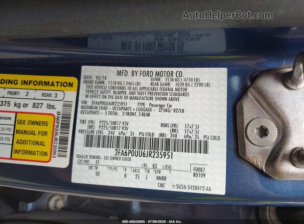 3FA6P0UU6JR235951 2018 FORD FUSION HYBRID Blue Widok komory silnika