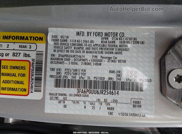 3FA6P0UU6JR254614 2018 FORD FUSION HYBRID Gray Շարժիչի բաժամունքի տեսք