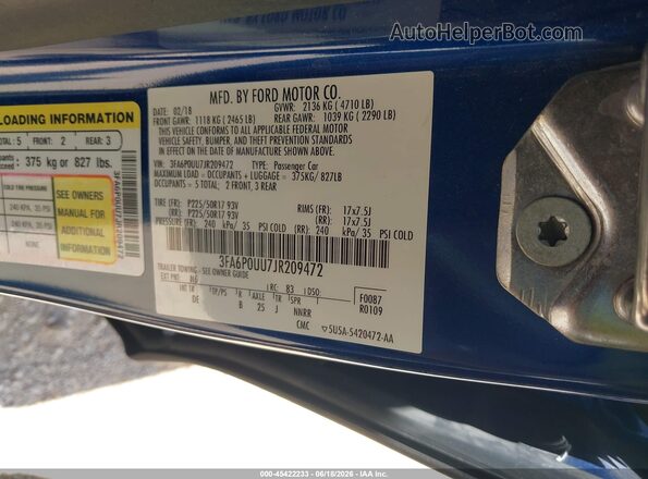 3FA6P0UU7JR209472 2018 FORD FUSION HYBRID Blue ძრავის განყოფილების ხედი