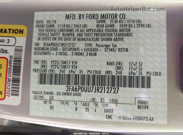 3FA6P0UU7JR212727 2018 FORD FUSION HYBRID Silver Vista del compartimento del motor