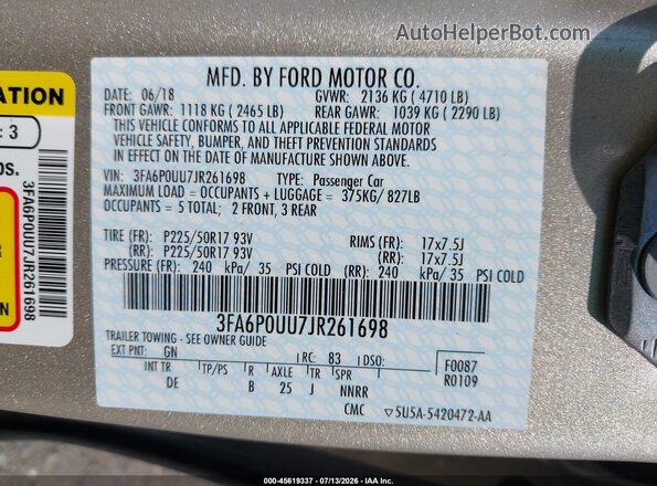 3FA6P0UU7JR261698 2018 FORD FUSION HYBRID Tan Engine compartment view
