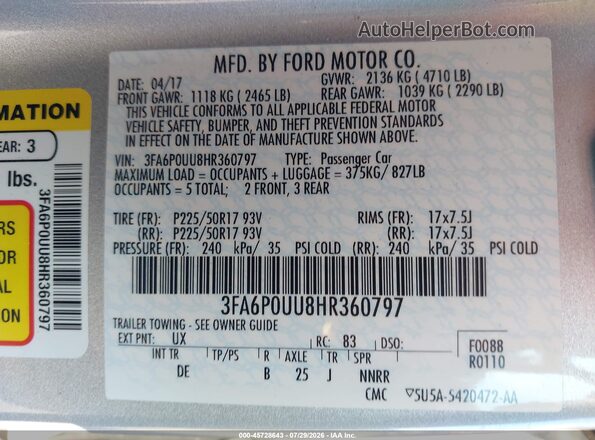 3FA6P0UU8HR360797 2017 FORD FUSION HYBRID Silver Vista del compartimento del motor