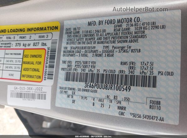 3FA6P0UU8JR100549 2018 FORD FUSION HYBRID Серебряный Вид подкапотного пространства
