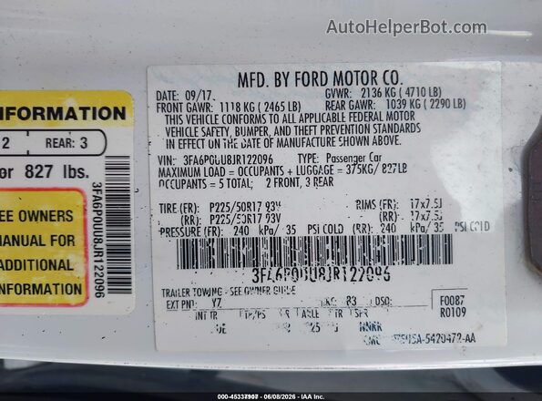 3FA6P0UU8JR122096 2018 FORD FUSION HYBRID White Շարժիչի բաժամունքի տեսք