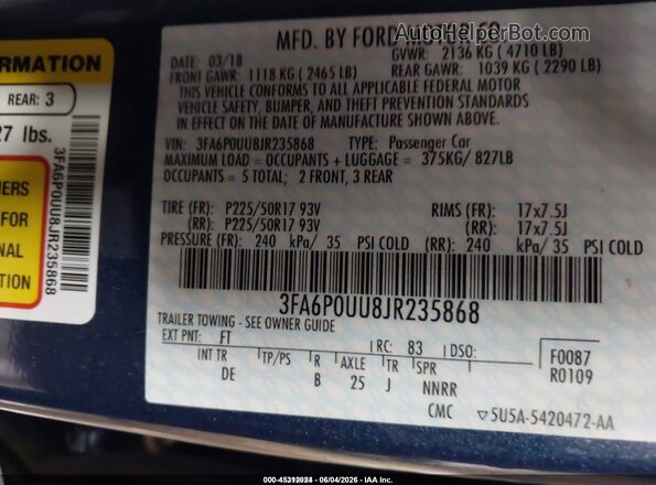 3FA6P0UU8JR235868 2018 FORD FUSION HYBRID Blue Widok komory silnika