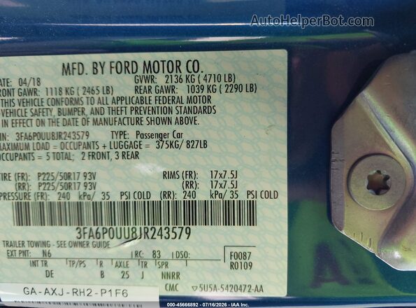 3FA6P0UU8JR243579 2018 FORD FUSION HYBRID Blue Շարժիչի բաժամունքի տեսք