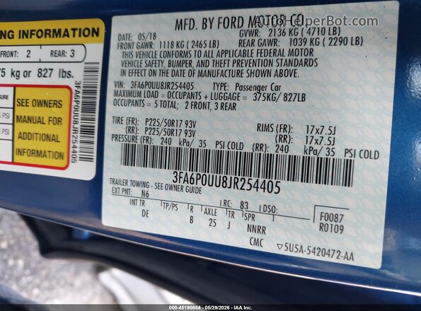 3FA6P0UU8JR254405 2018 FORD FUSION HYBRID Blue Вид підкапотного простору