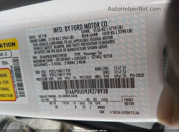 3FA6P0UU9JR278938 2018 FORD FUSION HYBRID White Շարժիչի բաժամունքի տեսք