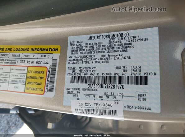 3FA6P0UU9JR281970 2018 FORD FUSION HYBRID Gold Շարժիչի բաժամունքի տեսք