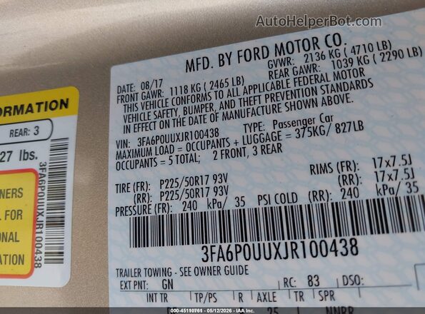 3FA6P0UUXJR100438 2018 FORD FUSION HYBRID Gold Vista del compartimento del motor