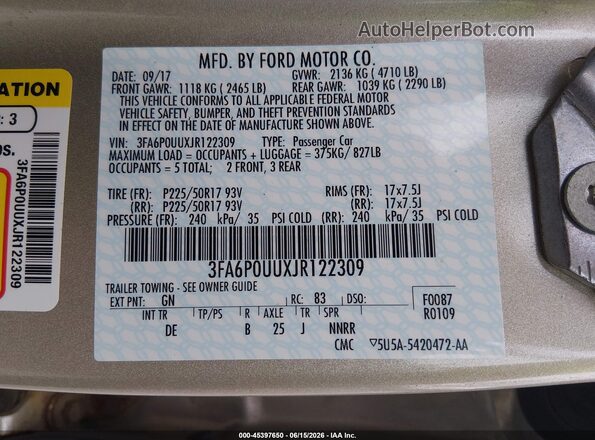 3FA6P0UUXJR122309 2018 FORD FUSION HYBRID Champagne Շարժիչի բաժամունքի տեսք