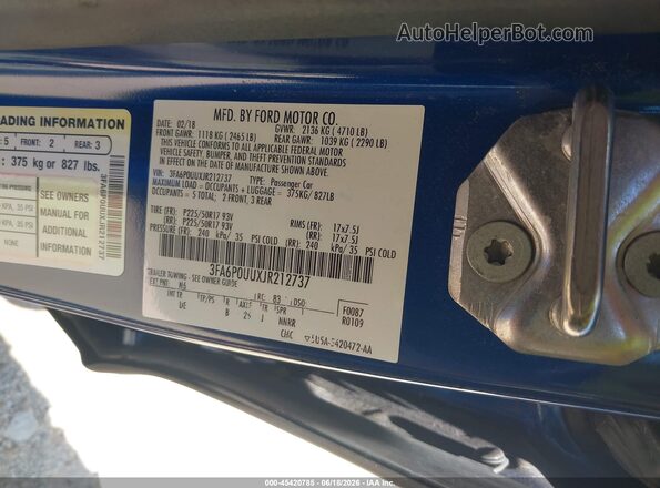 3FA6P0UUXJR212737 2018 FORD FUSION HYBRID Blue ძრავის განყოფილების ხედი