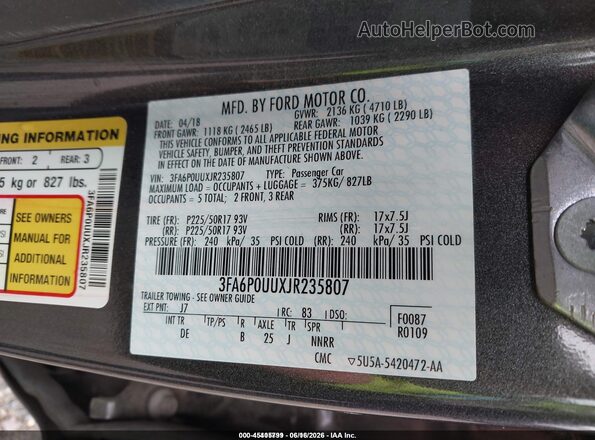 3FA6P0UUXJR235807 2018 FORD FUSION HYBRID Gray ძრავის განყოფილების ხედი