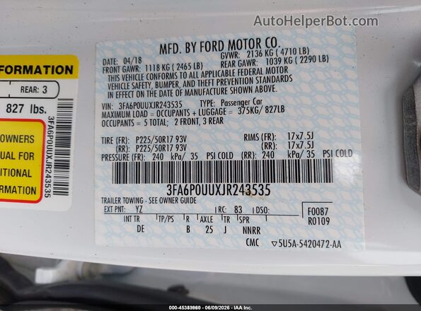 3FA6P0UUXJR243535 2018 FORD FUSION HYBRID White Вид підкапотного простору
