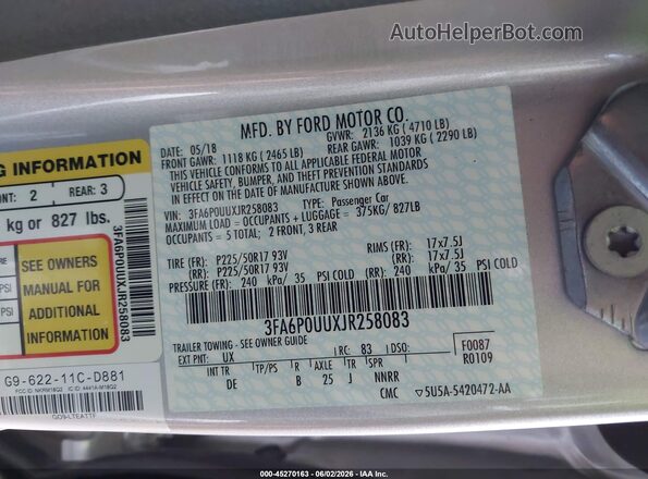 3FA6P0UUXJR258083 2018 FORD FUSION HYBRID Silver Engine compartment view