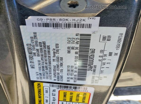 3FA6P0UUXJR261663 2018 FORD FUSION Gray VIN კოდის სტიკერის ხედი