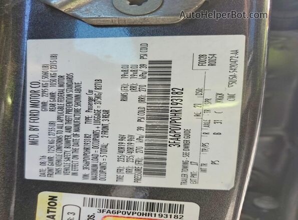 3FA6P0VP0HR193182 2017 FORD FUSION Charcoal Engine compartment view