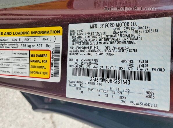 3FA6P0VP0HR331643 2017 FORD FUSION Burgundy ძრავის განყოფილების ხედი
