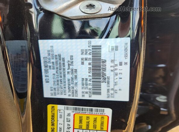 3FA6P0VP1KR101987 2019 FORD FUSION Black Widok naklejki z numerem VIN