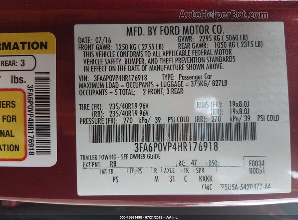 3FA6P0VP4HR176918 2017 FORD FUSION Red Vista del compartimento del motor