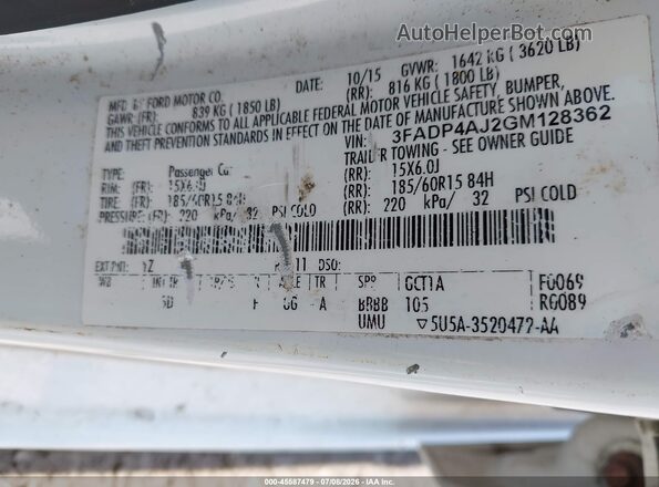 3FADP4AJ2GM128362 2016 FORD FIESTA White Вид підкапотного простору