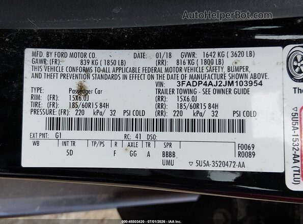 3FADP4AJ2JM103954 2018 FORD FIESTA Черный Вид подкапотного пространства