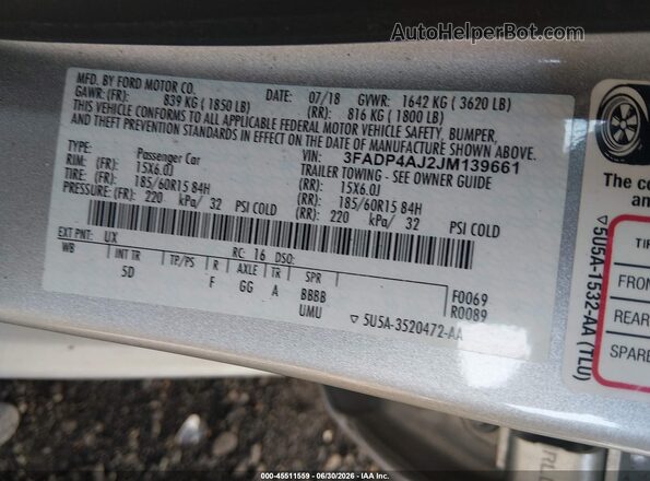 3FADP4AJ2JM139661 2018 FORD FIESTA Silver ძრავის განყოფილების ხედი