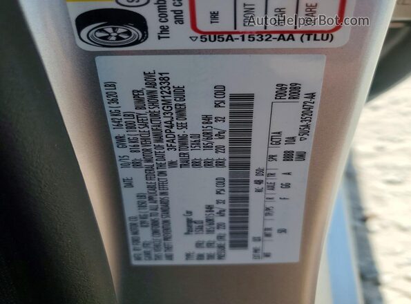 3FADP4AJ3GM123381 2016 FORD FIESTA Silver VIN კოდის სტიკერის ხედი