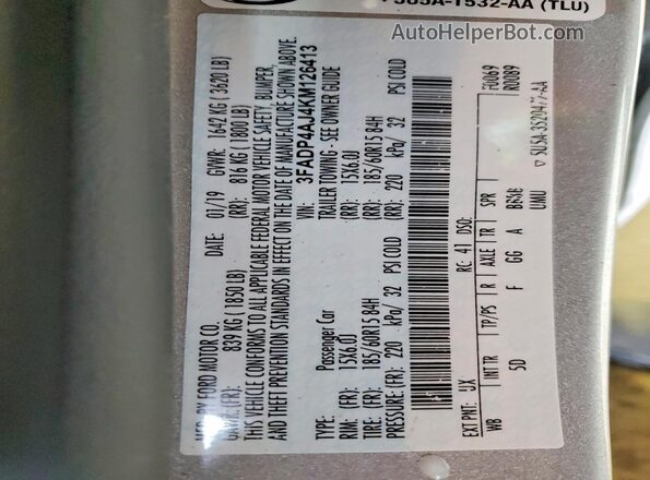 3FADP4AJ4KM126413 2019 FORD FIESTA Серебряный Вид подкапотного пространства