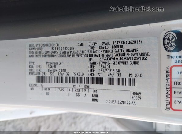 3FADP4AJ4KM129182 2019 FORD FIESTA White Widok komory silnika