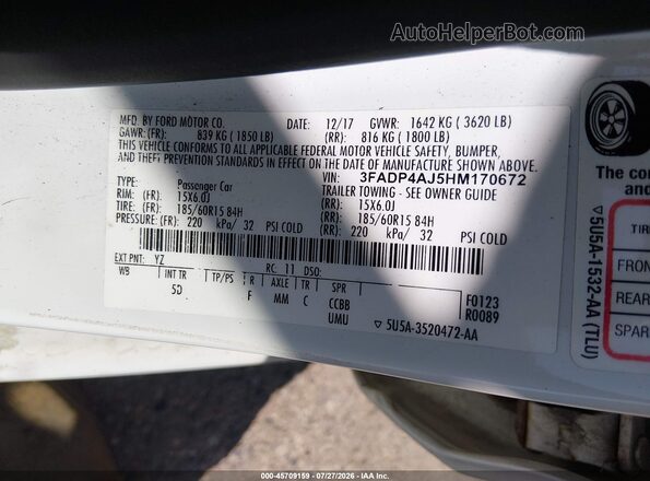 3FADP4AJ5HM170672 2017 FORD FIESTA White Вид підкапотного простору