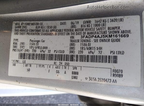 3FADP4AJ5KM161669 2019 FORD FIESTA Silver Շարժիչի բաժամունքի տեսք