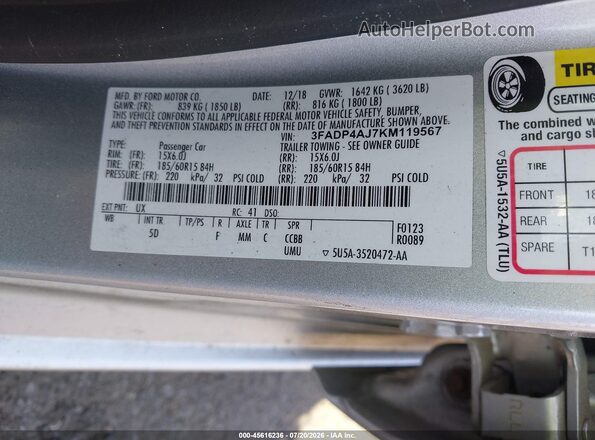 3FADP4AJ7KM119567 2019 FORD FIESTA Silver Engine compartment view