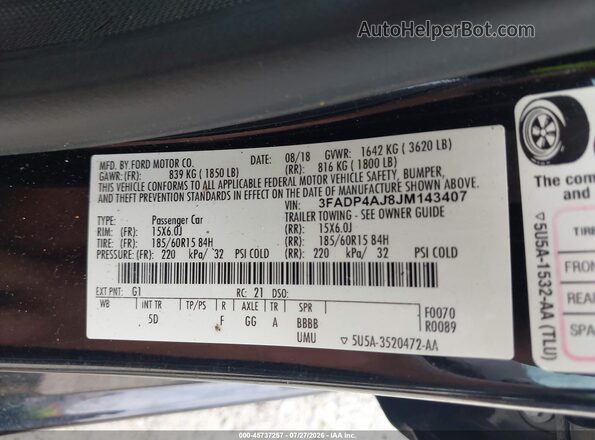 3FADP4AJ8JM143407 2018 FORD FIESTA Черный Вид подкапотного пространства