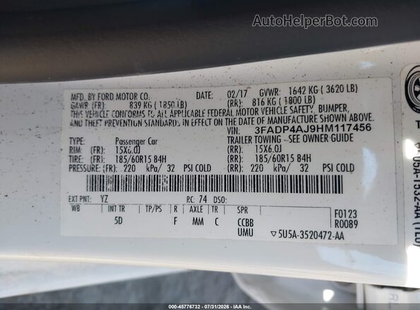 3FADP4AJ9HM117456 2017 FORD FIESTA White ძრავის განყოფილების ხედი