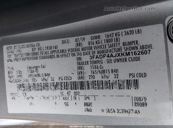 3FADP4AJXKM162607 2019 FORD FIESTA Серебряный Вид подкапотного пространства