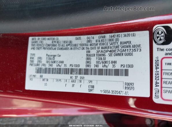 3FADP4BE7GM173573 2016 FORD FIESTA Red Engine compartment view