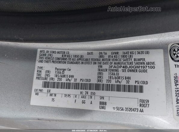 3FADP4BJ0GM197100 2016 FORD FIESTA Silver Widok naklejki z numerem VIN
