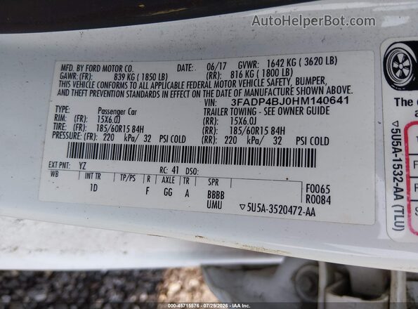3FADP4BJ0HM140641 2017 FORD FIESTA Белый Вид подкапотного пространства