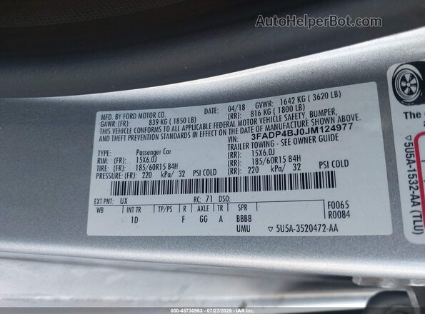 3FADP4BJ0JM124977 2018 FORD FIESTA Silver Շարժիչի բաժամունքի տեսք