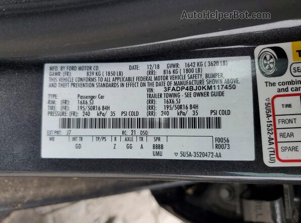 3FADP4BJ0KM117450 2019 FORD FIESTA Серый Вид подкапотного пространства