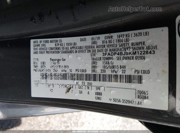 3FADP4BJ0KM122843 2019 FORD FIESTA Серый Вид подкапотного пространства