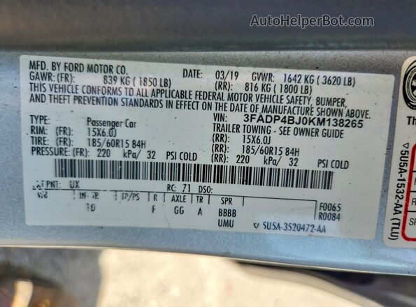 3FADP4BJ0KM138265 2019 FORD FIESTA Серебряный Вид подкапотного пространства