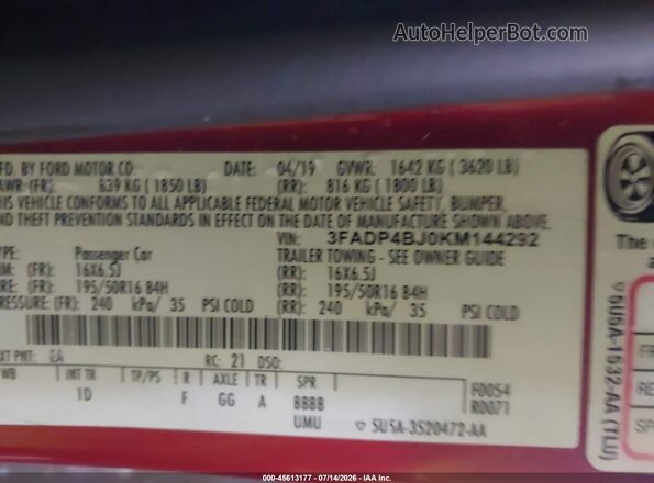3FADP4BJ0KM144292 2019 FORD FIESTA Красный Вид подкапотного пространства